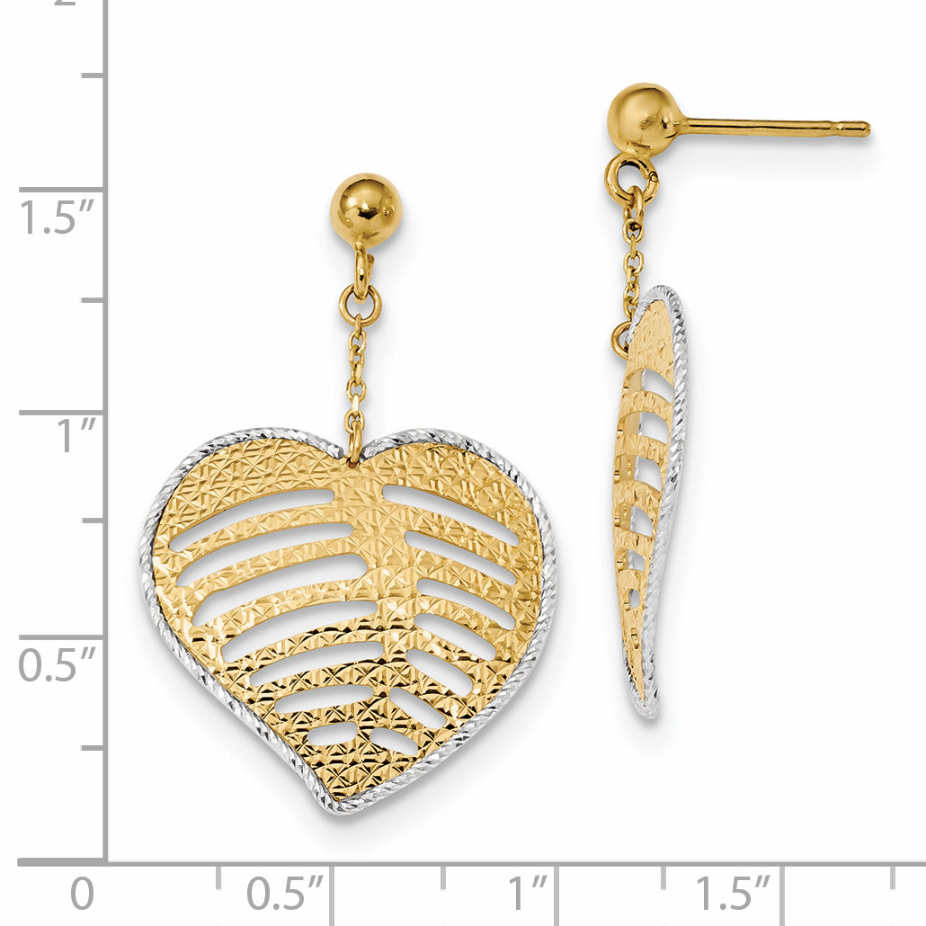 Aretes Colgantes de Corazón Filigrana Texturizada en Oro Bicolor de 14K