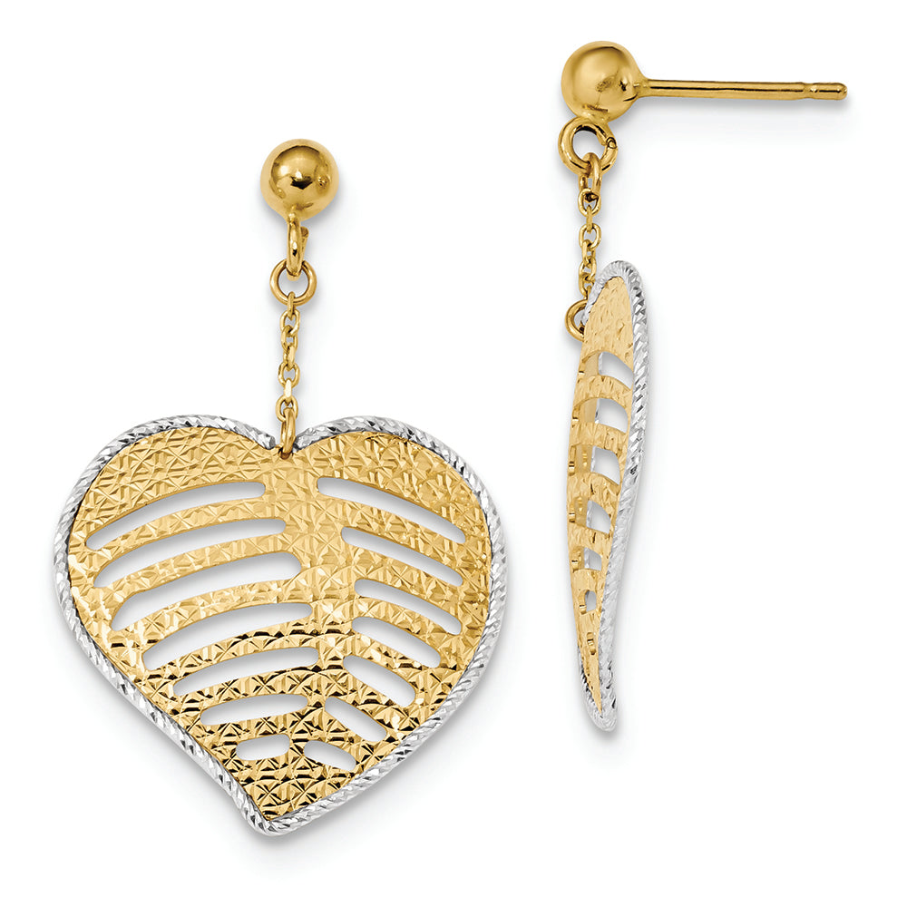 Aretes Colgantes de Corazón Filigrana Texturizada en Oro Bicolor de 14K