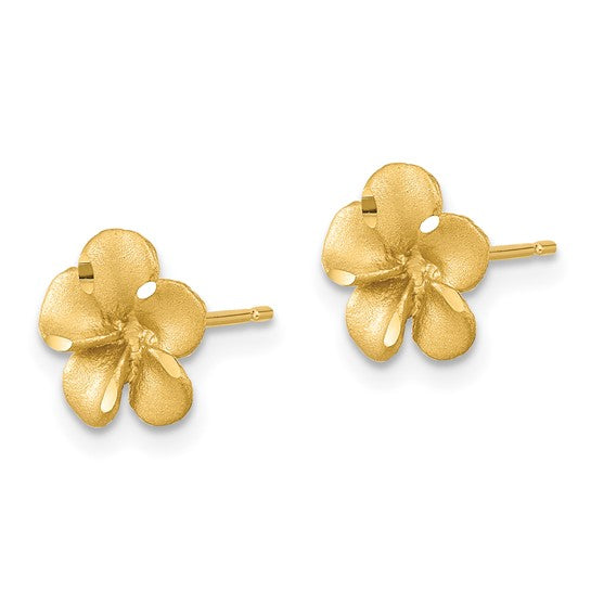 Pendientes de Botón con Plumeria Cortado en Diamante Satinado en Oro de 14k