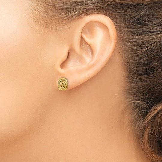 Pendientes de Botón en Oro Amarillo de 14K con Nudos de Amor Texturizados y Circonitas Pulidas