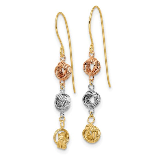 Aretes Colgantes de Nudo de Amor en Oro de 14K Tricolor