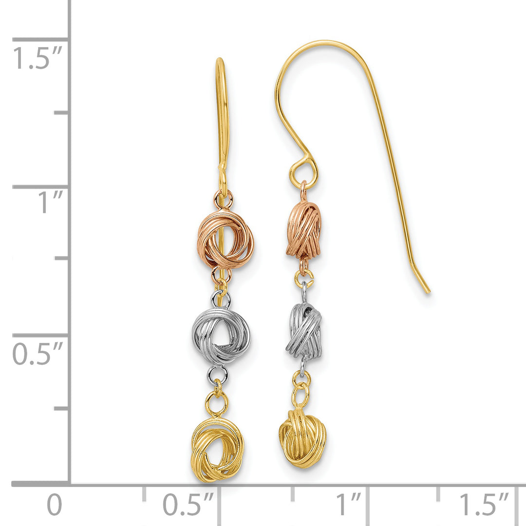 Aretes Colgantes de Nudo de Amor en Oro de 14K Tricolor