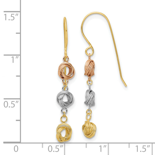 Aretes Colgantes de Nudo de Amor en Oro de 14K Tricolor