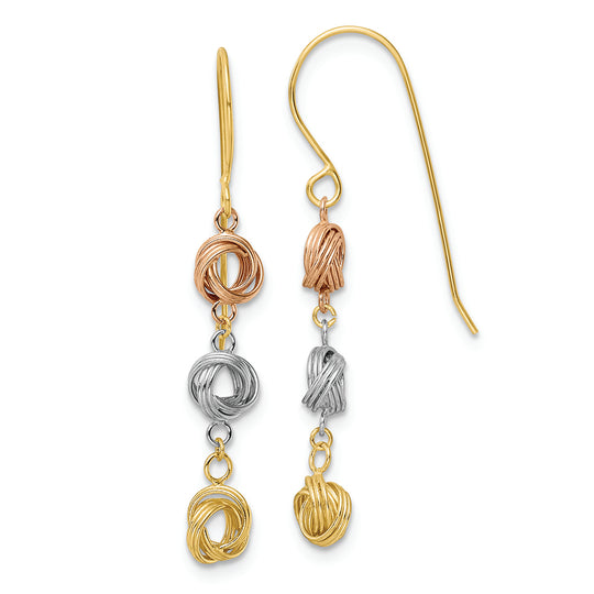 Aretes Colgantes de Nudo de Amor en Oro de 14K Tricolor