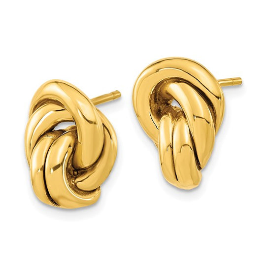 Aretes de Oro Amarillo de 14K con Nudos de Amor Huecos y Cierre de Poste