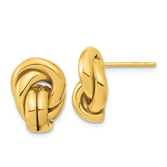 Aretes de Oro Amarillo de 14K con Nudos de Amor Huecos y Cierre de Poste