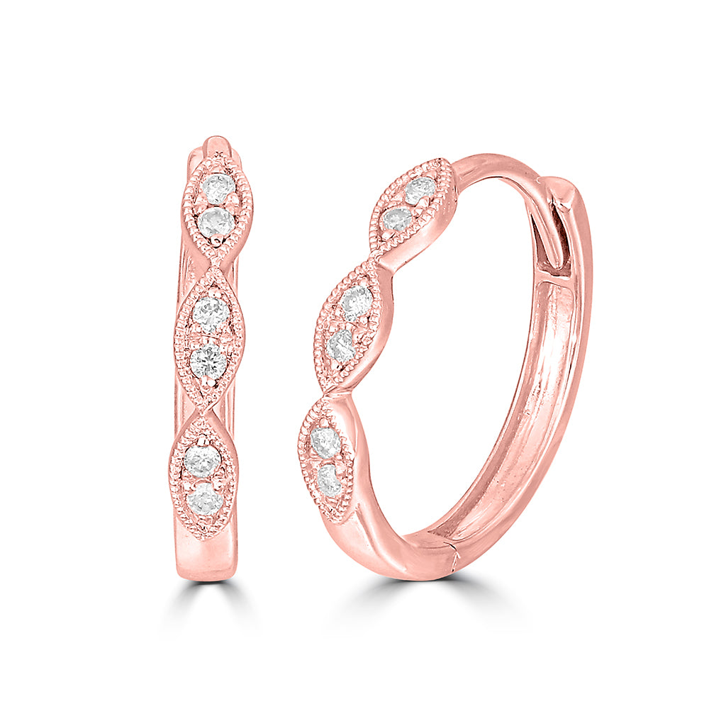 Oro rosado de 14 quilates de 1/10 quilates total. Pendientes de aro apilables con diamantes