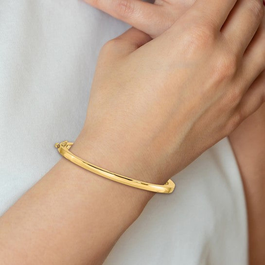 Pulsera Bangle de Oro Amarillo de 14k, 3.6mm, Sólida, Pulida con Bisagra