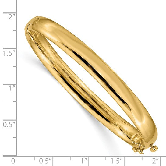 Pulsera Bangle de Oro Amarillo de 14k, 6.4mm, Sólida, Pulida con Bisagra