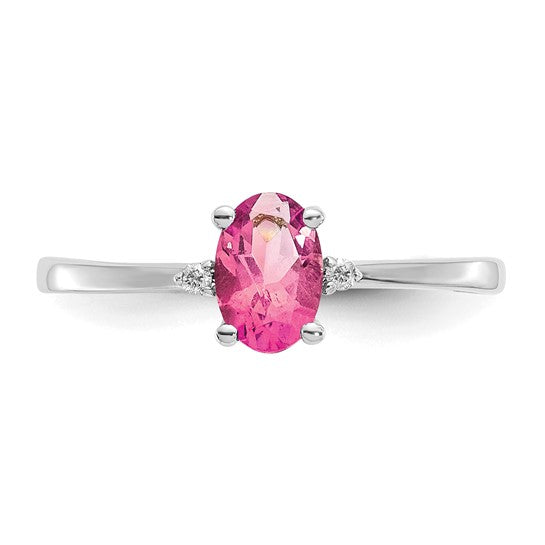 Anillo de Oro Blanco de 14k con Diamantes y Piedra de Nacimiento de Turmalina Rosa