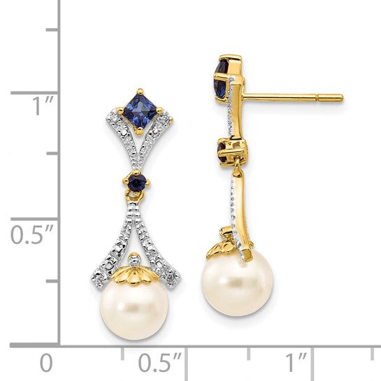 Pendientes Colgantes con Perla FWC de 7-8 mm, Zafiro Creado y Diamantes en Oro Amarillo 14K