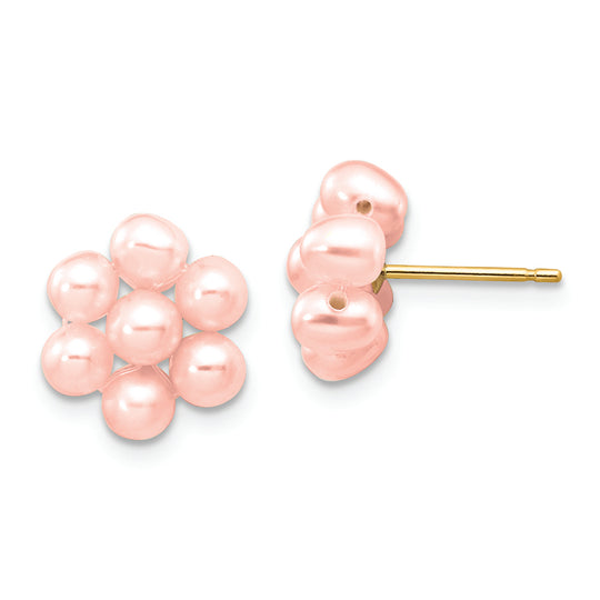 Pendientes de Flores de Perlas Cultivadas de Agua Dulce de Color Rosa Huevo de 3-4 mm en Oro de 14k