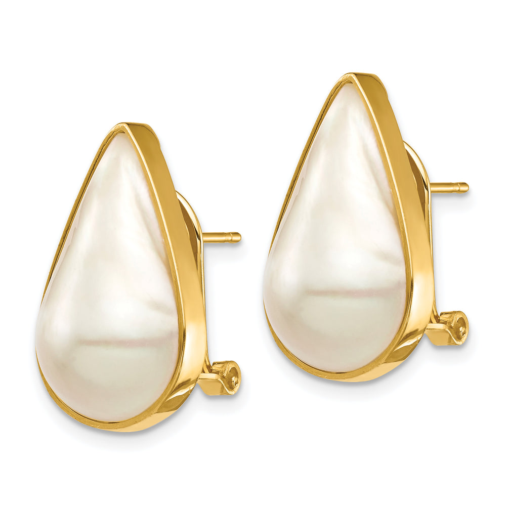 Pendientes de Oro Amarillo de 14k con Perla Mabe de Agua Salada en Forma de Pera de 12x20mm y Cierre Omega