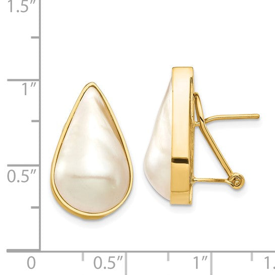 Pendientes de Oro Amarillo de 14k con Perla Mabe de Agua Salada en Forma de Pera de 12x20mm y Cierre Omega