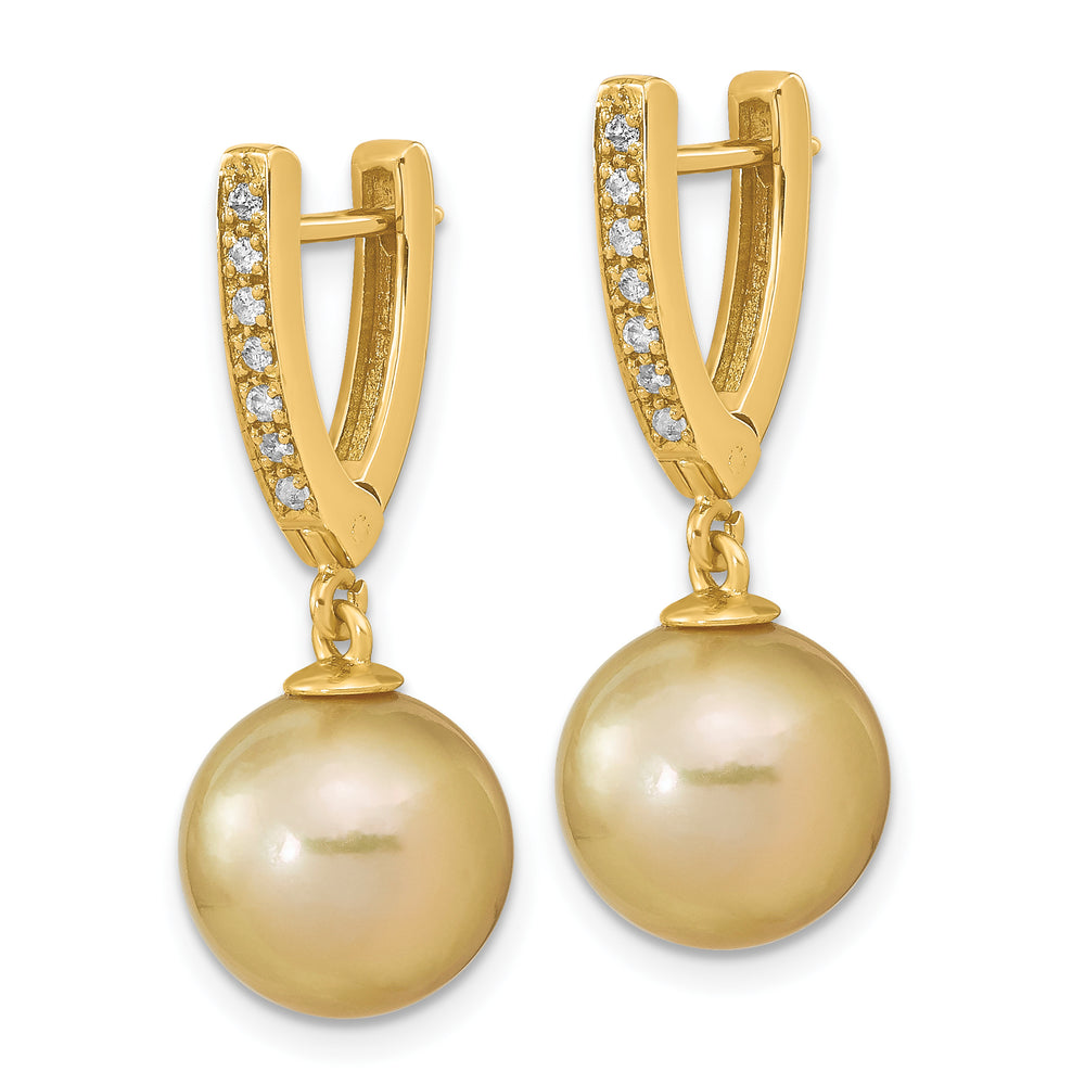 Aretes Colgantes con Perla Cultivada de Mar del Sur Dorada de 10-11 mm y Diamante de 0.105 Quilates en Oro Amarillo de 14k