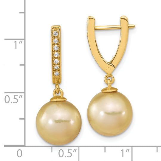 Aretes Colgantes con Perla Cultivada de Mar del Sur Dorada de 10-11 mm y Diamante de 0.105 Quilates en Oro Amarillo de 14k