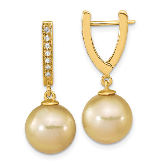 Aretes Colgantes con Perla Cultivada de Mar del Sur Dorada de 10-11 mm y Diamante de 0.105 Quilates en Oro Amarillo de 14k