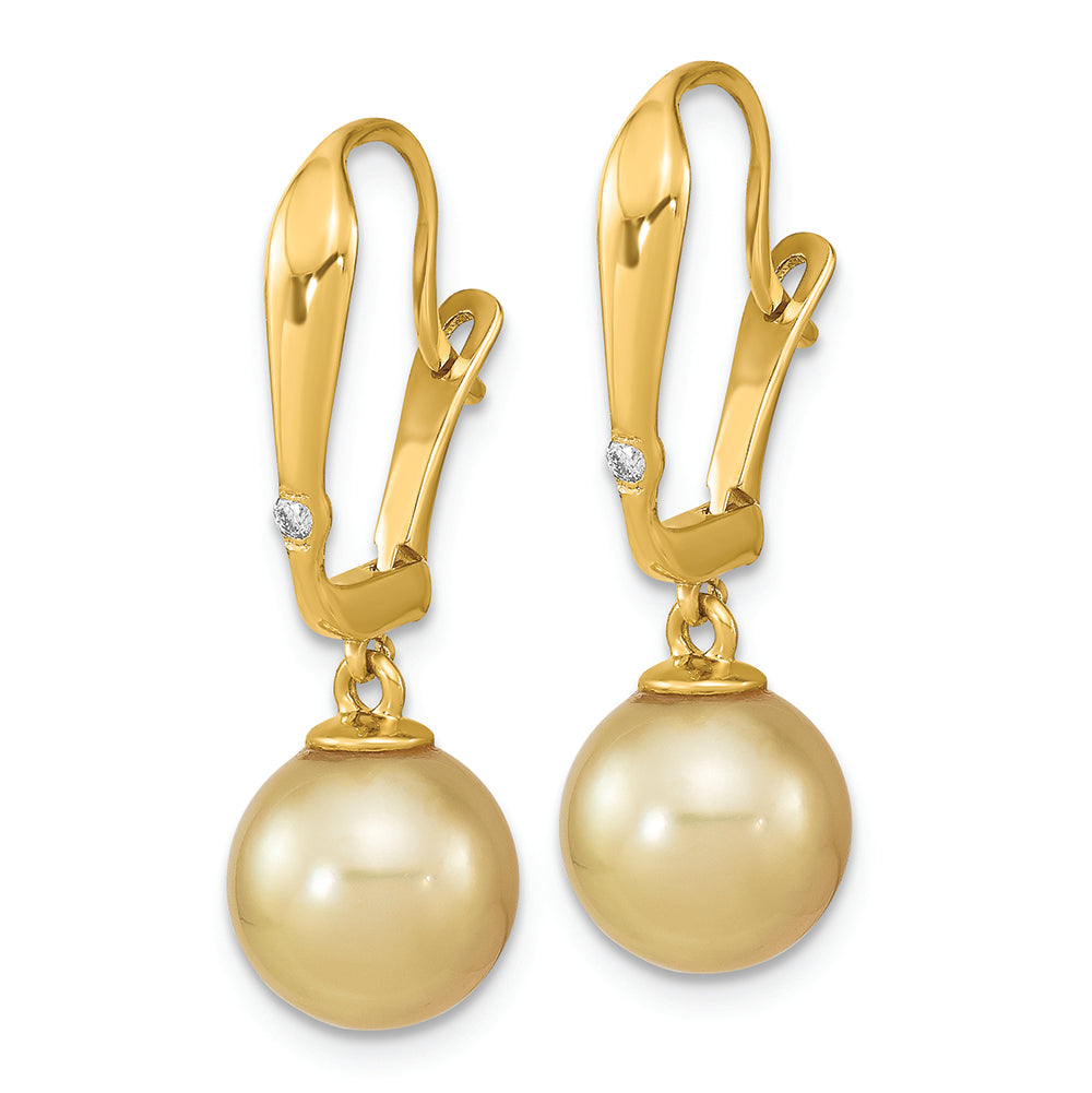 Pendientes de Palanca con Perlas Doradas del Mar del Sur de 9-10 mm y Diamantes de 0.02 Quilates en Oro Amarillo de 14k