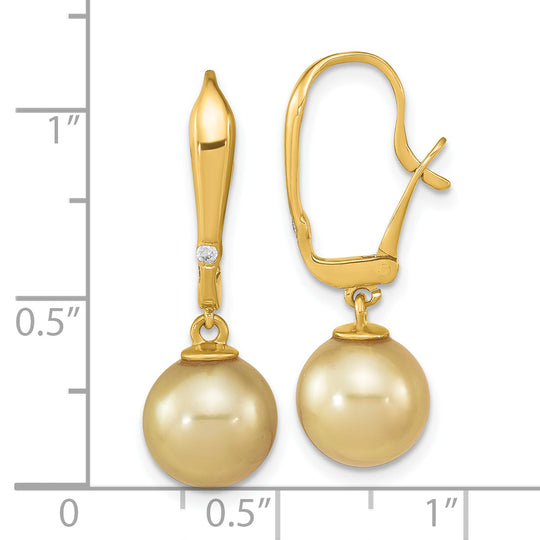 Pendientes de Palanca con Perlas Doradas del Mar del Sur de 9-10 mm y Diamantes de 0.02 Quilates en Oro Amarillo de 14k