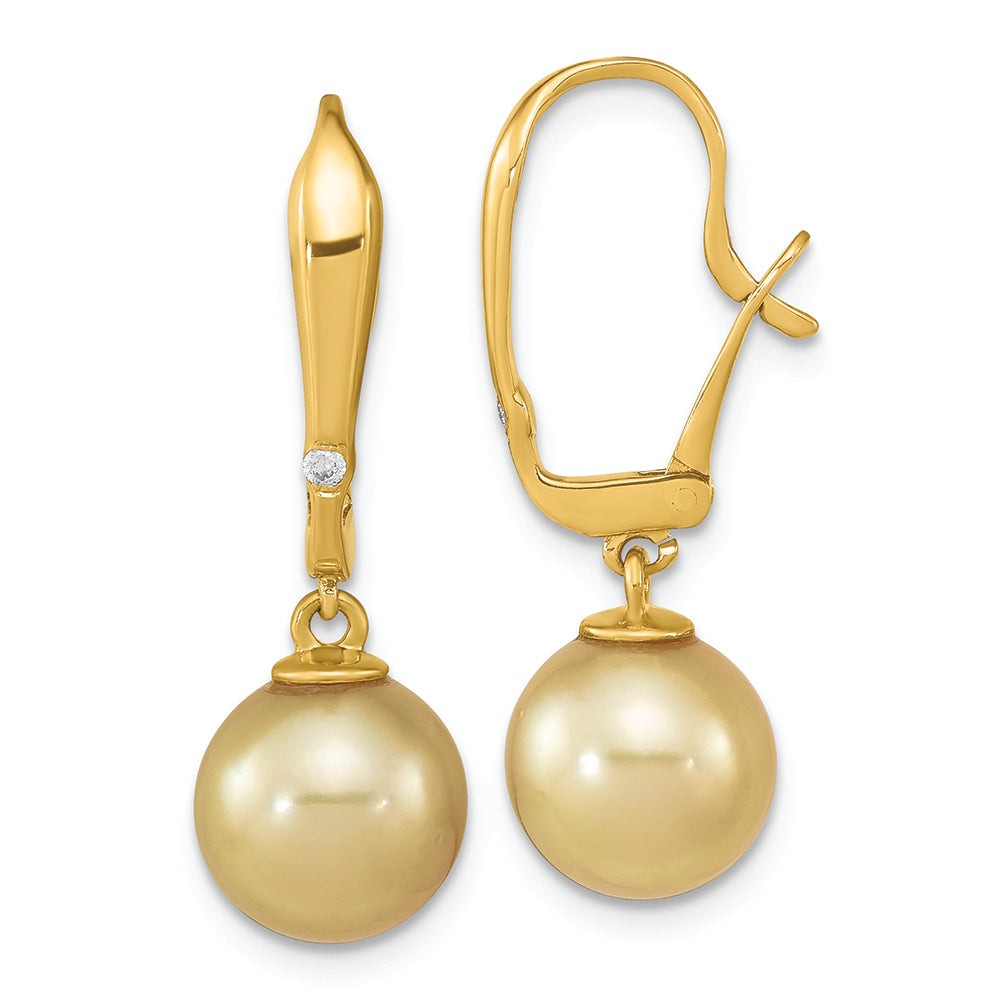 Pendientes de Palanca con Perlas Doradas del Mar del Sur de 9-10 mm y Diamantes de 0.02 Quilates en Oro Amarillo de 14k