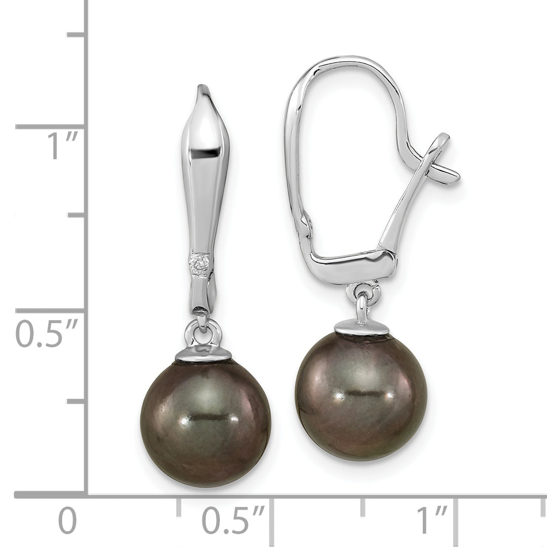 Pendientes Colgantes de Oro Blanco de 14k con Perla Tahitiana de 9-10mm y Diamante de 0.02 Querat (Carat)