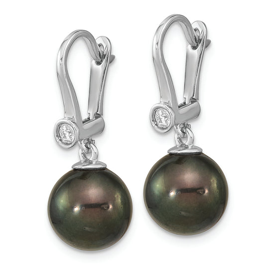 Pendientes Colgantes de Oro Blanco de 14k con Perlas Tahitianas Negras Redondas de 9-10mm y Diamante de 0.10 Quilates