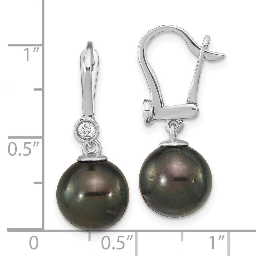 Pendientes Colgantes de Oro Blanco de 14k con Perlas Tahitianas Negras Redondas de 9-10mm y Diamante de 0.10 Quilates