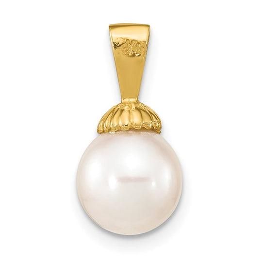 Colgante de Perla Redonda Blanca de Agua Dulce de 8-9 mm en Oro Amarillo de 14k