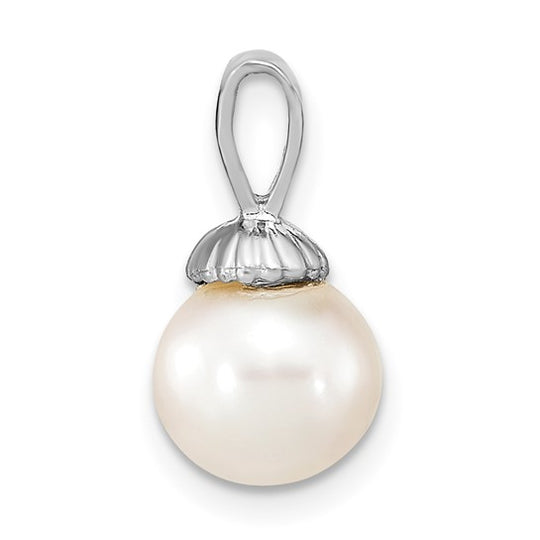 Colgante de Perla Redonda Blanca de Agua Dulce Cultivada de 8-9 mm en Oro Blanco de 14k