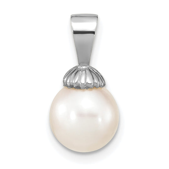 Colgante de Perla Redonda Blanca de Agua Dulce Cultivada de 8-9 mm en Oro Blanco de 14k