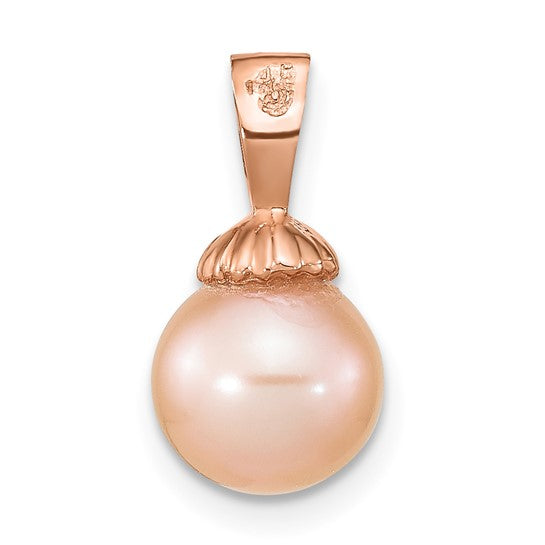 Colgante de Perla Redonda Cultivada de Agua Dulce Rosa de 8-9 mm en Oro Rosa de 14k