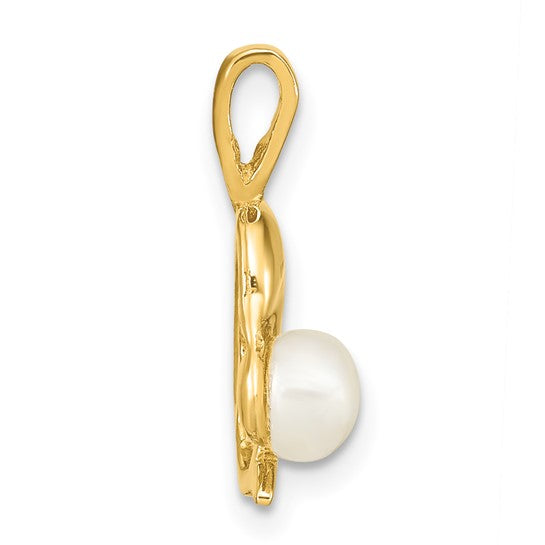 Colgante de Delfín con Perla Cultivada de Agua Dulce Blanca de 5-6mm en Oro Amarillo de 14k