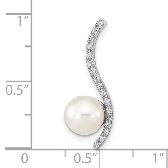 14k Oro Blanco 7-8 mm Perla Akoya Redonda de Agua Salada Cultivada y Diamante de 0.06 Quilates Chain Slide