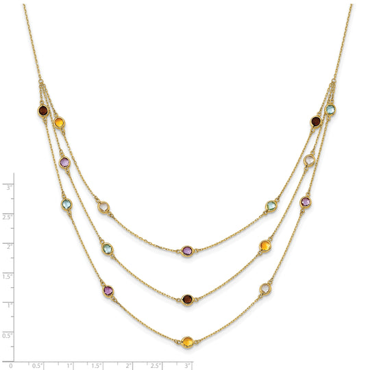 Collar de 17 pulgadas con 3 hebras de Cuarzo Ahumado, Cuarzo Blanco, Amatista, Citrino y Topacio Azul Cielo en Oro de 14k