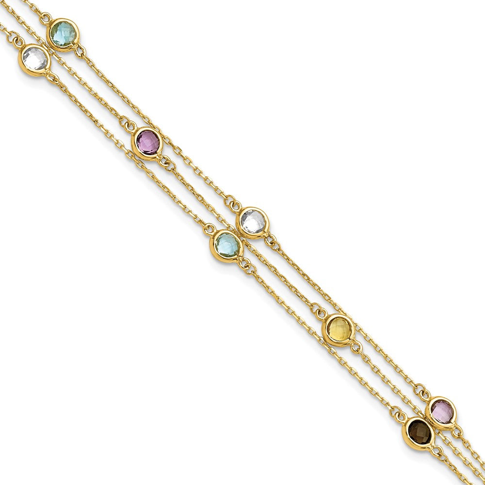 Pulsera de 3 Cadenas con Cuarzo Ahumado, Cuarzo Blanco, Citrino, Topacio Azul Cielo y Amatista 14K