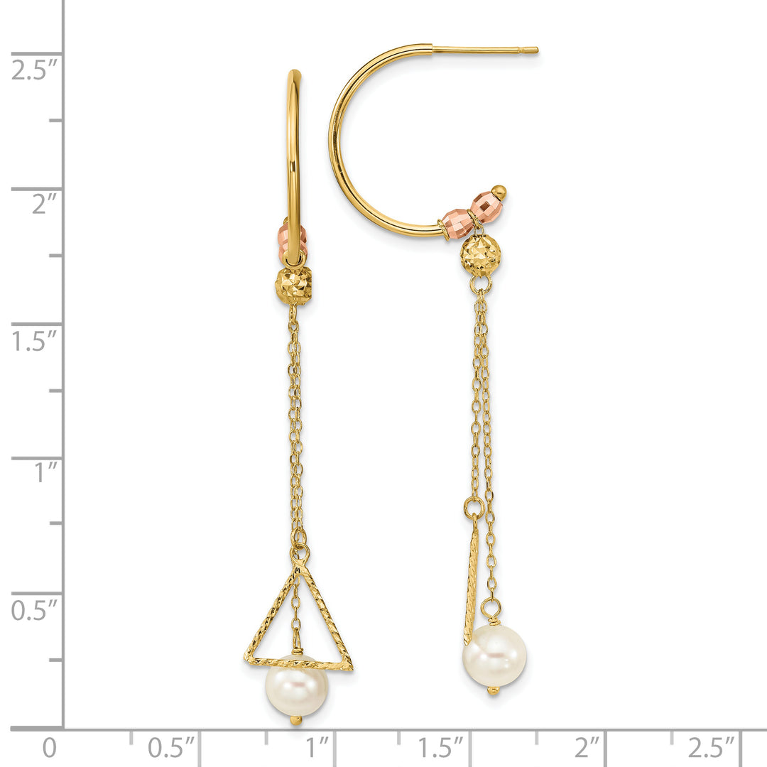 Pendientes Colgantes de Perla Cultivada FWC de 6mm con Corte Diamante y Medio Círculo en Oro de 14k Bicolor