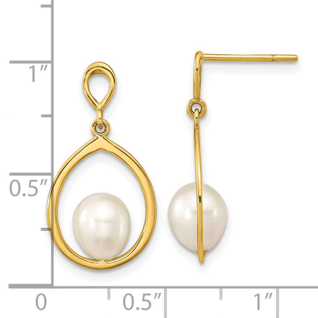 Pendientes Colgantes con Perlas Cultivadas de Agua Dulce en Forma de Gota Blanca de 6-7 mm en Oro Amarillo de 14k con Cierre de Poste y Presión