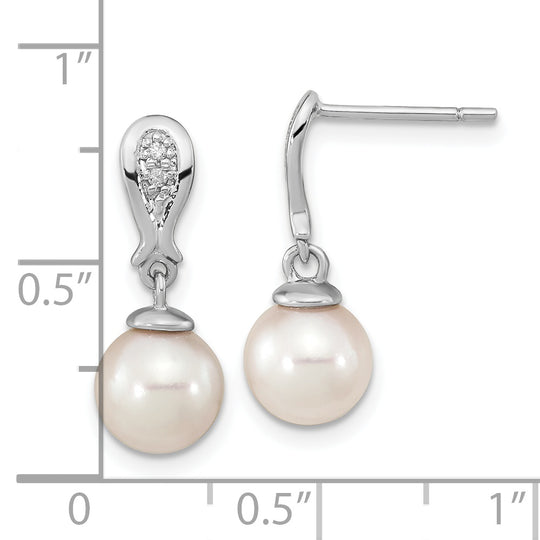 Pendientes Colgantes de Perla Akoya Salada Cultivada y Diamante en Oro Blanco de 14k