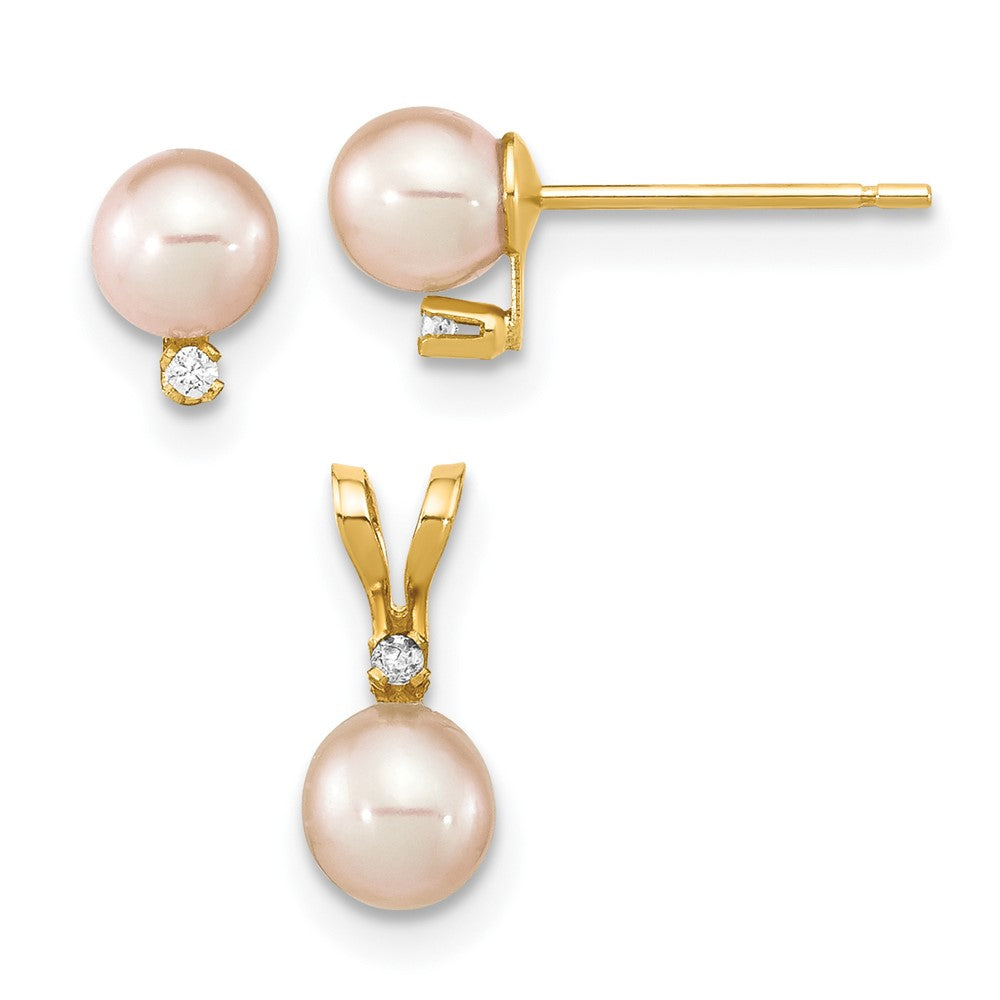 Juego de Aretes y Colgante Madi K en Oro Amarillo de 14k con Perlas Cultivadas de Agua Dulce Rosadas (4-5 mm) y Diamante de 0.03 ct