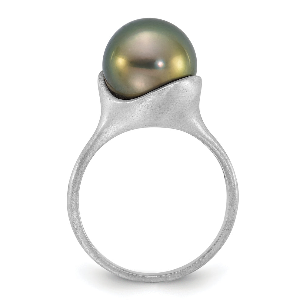 Anillo de Perla Cultivada Tahitiana Negra de Agua Salada de 10-11 mm en Oro Blanco de 14k con Acabado Cepillado