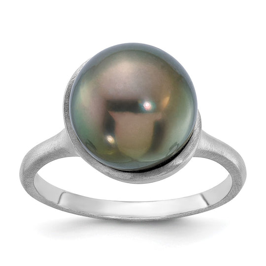 Anillo de Perla Cultivada Tahitiana Negra de Agua Salada de 10-11 mm en Oro Blanco de 14k con Acabado Cepillado