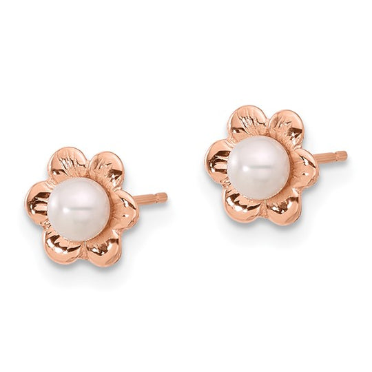 Aretes de Perla Blanca Cultivada de Agua Dulce en Forma de Flor de Oro Rosa de 14k (3-4 mm)