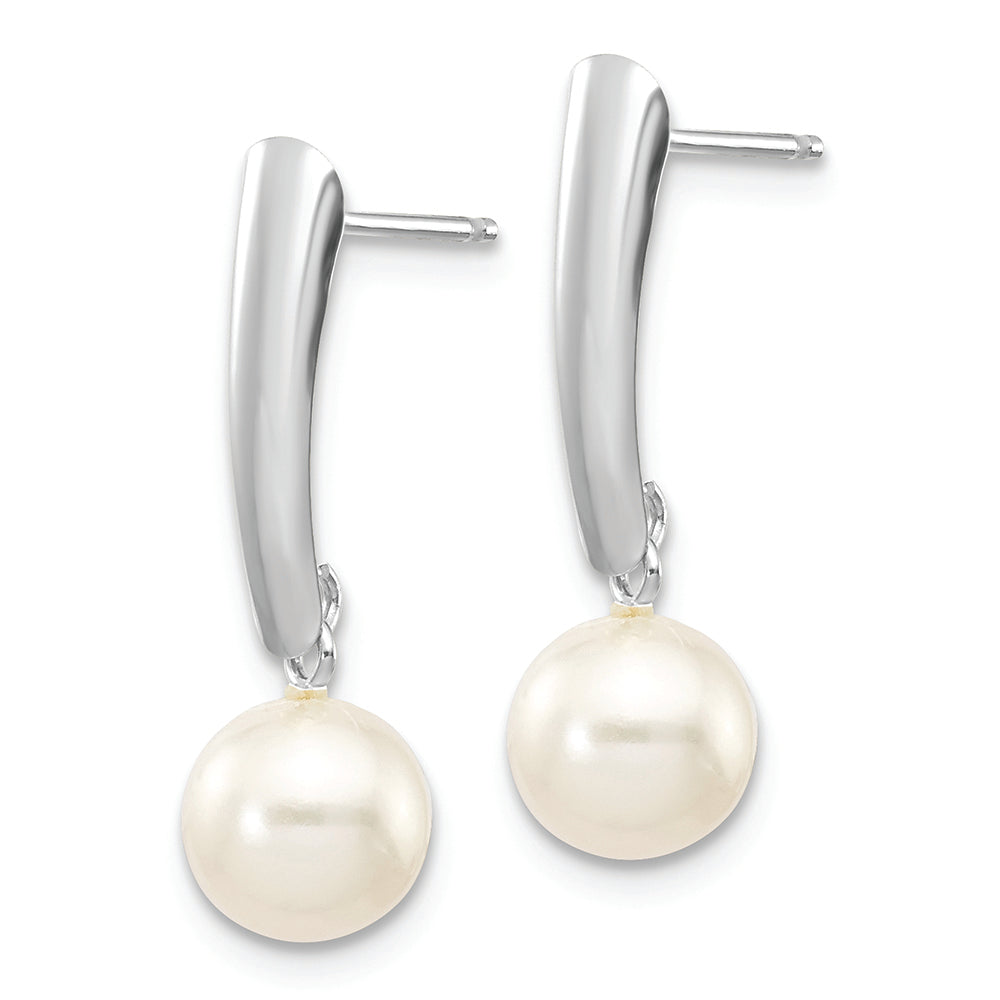 Pendientes Colgantes con Perlas Cultivadas de Agua Dulce Redondas Blancas de 6-7 mm en Oro Blanco de 14k con Poste y Presión