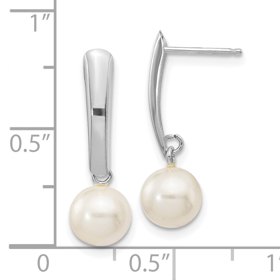 Pendientes Colgantes con Perlas Cultivadas de Agua Dulce Redondas Blancas de 6-7 mm en Oro Blanco de 14k con Poste y Presión