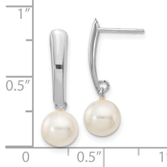 Pendientes Colgantes con Perlas Cultivadas de Agua Dulce Redondas Blancas de 6-7 mm en Oro Blanco de 14k con Poste y Presión