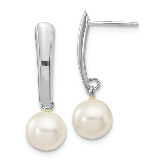 Pendientes Colgantes con Perlas Cultivadas de Agua Dulce Redondas Blancas de 6-7 mm en Oro Blanco de 14k con Poste y Presión