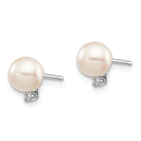 Pendientes de Bola de Oro Blanco de 14k con Perlas Akoya Blancas de 5-6mm y Diamante de 0.02 quilates