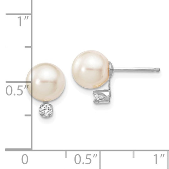 Pendientes de Bola de Oro Blanco de 14k con Perlas Akoya Blancas de 7-8mm y Diamante de 0.10 quilates