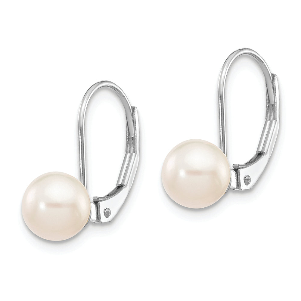 Pendientes Tipo Palanca de Oro Blanco de 14k con Perlas de Akoya Blancas Redondas de 6 a 7 mm