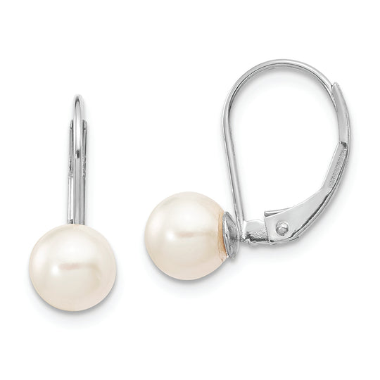 Pendientes Tipo Palanca de Oro Blanco de 14k con Perlas de Akoya Blancas Redondas de 6 a 7 mm